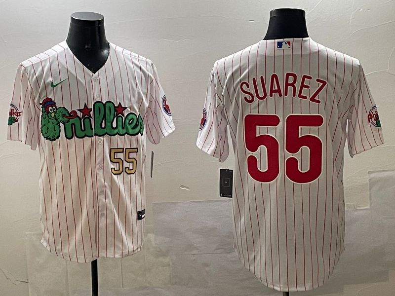 Men Philadelphia Phillies #55 Suarez White Stripe Three generations Joint Name Game 2025 Nike MLB Jersey style 2